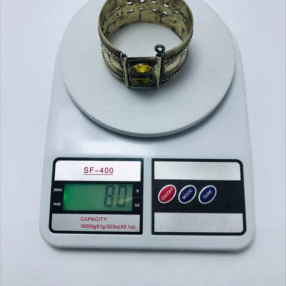 single Vintage Kuchi Cuff Bracelet With Yellow Glass Stones, Gypsy Cuff Bracelet - Picture 9 of 12